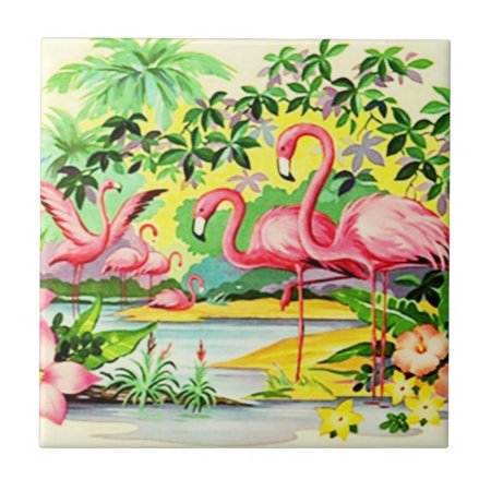 Vintage Retro Pink Flamingo Birds Flocking Tile