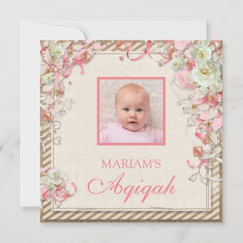 Vintage Retro Pink Floral Baby Girl Photo Aqiqah Invitation