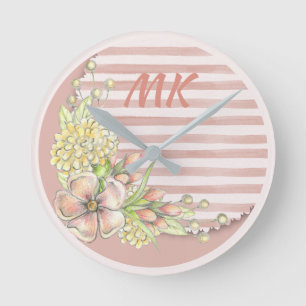 Vintage Retro Pink Floral Stripes Monogrammed Round Clock