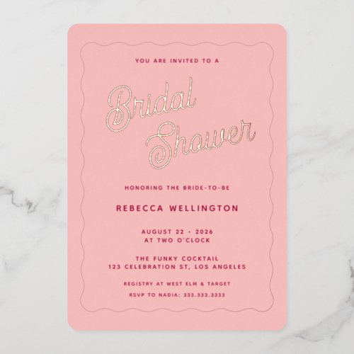 Vintage Retro Pink Fuchsia Wave Bridal Shower Foil Invitation