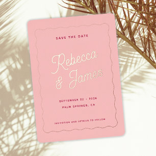 Vintage Retro Pink Fuchsia Wave Frame Wedding Save Foil Invitation