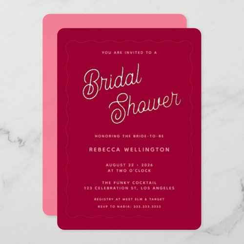 Vintage Retro Pink Magenta Wave Bridal Shower Gold Foil Invitation