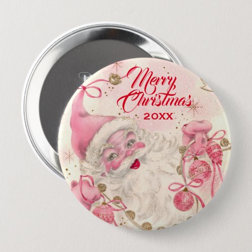 Vintage Retro Pink Santa Clause Christmas Holiday Button