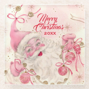 Vintage Retro Pink Santa Clause Christmas Holiday Glass Coaster