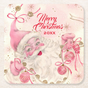 Vintage Retro Pink Santa Clause Christmas Holiday Square Paper Coaster