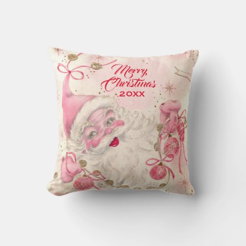 Vintage Retro Pink Santa Clause Christmas Holiday  Throw Pillow
