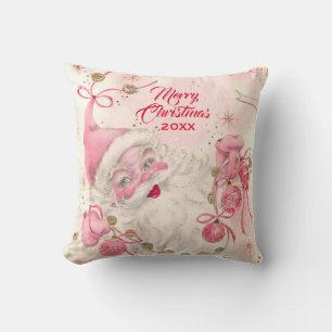 Vintage Retro Pink Santa Clause Christmas Holiday Throw Pillow