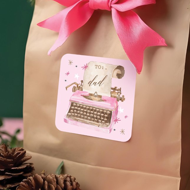Vintage Retro Pink Watercolor Typewriter Christmas Square Sticker (Vintage Retro Pink Watercolor Typewriter Christmas Square Sticker)