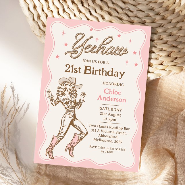 Vintage Retro Pink Yeehaw Cowgirl 21st Birthday Invitation (Retro Yeehaw Cowgirl 21st Birthday Invitation, Western Birthday Invitation Girl, Wild West Any Age)