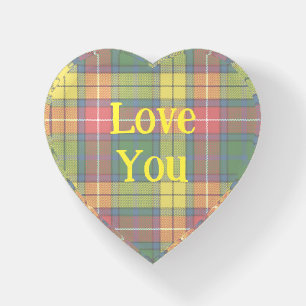 Vintage Retro Plaid Yellow Love You Heart Paperweight