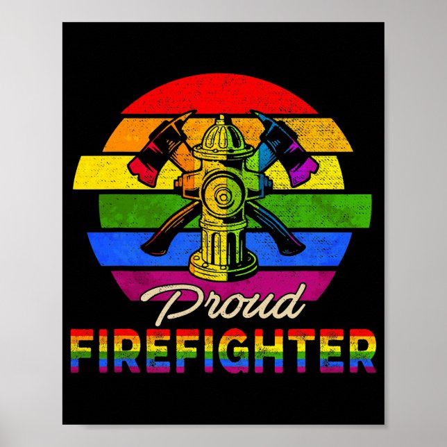 Vintage Retro Proud Firefighter Rainbow Flag Poster (Front)