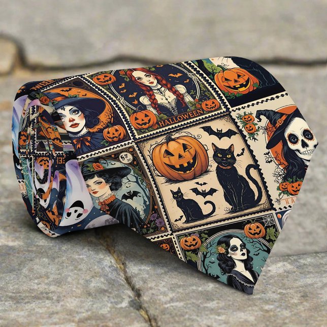 Vintage Retro Pumpkin Witch Halloween Pattern Neck Tie (Creator Uploaded)
