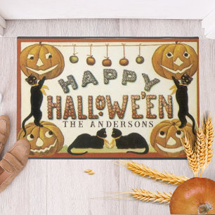 Vintage Retro Pumpkins and Cats Custom Halloween Doormat
