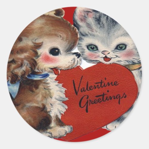 Vintage Retro Puppy  Kitten Valentine Card Classic Round Sticker