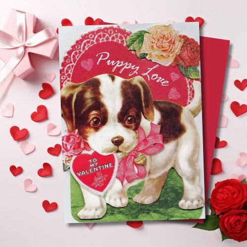 Vintage Retro Puppy Love Custom Valentines Day Holiday Card