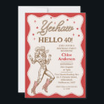 Vintage Retro Red Cheetah Cowgirl 40th Birthday  Invitation<br><div class="desc">Vintage Retro Red Yeehaw Cowgirl 40th Birthday Invitation

Red and brown cowgirl or western themed 40th birthday invitation featuring a line cowgirl image,  rope style text,  stars and scalloped border.  This hello 40 cowgirl birthday invitation is ideal for a western 40th birthday but can be used for any age.</div>