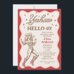 Vintage Retro Red Cheetah Cowgirl 40th Birthday  Invitation<br><div class="desc">Vintage Retro Red Yeehaw Cowgirl 40th Birthday Invitation

Red and brown cowgirl or western themed 40th birthday invitation featuring a line cowgirl image,  rope style text,  stars and scalloped border.  This hello 40 cowgirl birthday invitation is ideal for a western 40th birthday but can be used for any age.</div>