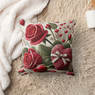 Vintage Retro Red Rose and Hearts Throw Pillow