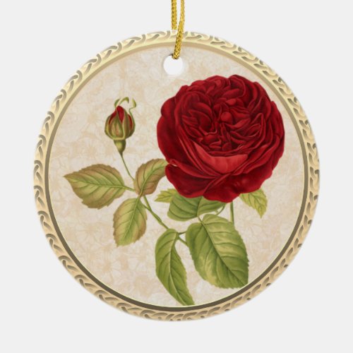 Vintage Retro Red Rose Christmas Ceramic Ornament