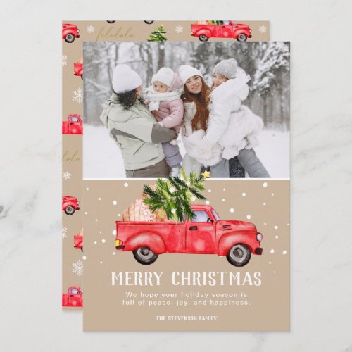 Vintage retro red truck Christmas tree beige photo Holiday Card