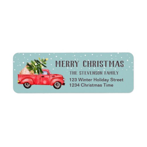 Vintage retro red truck Christmas tree blue merry Label