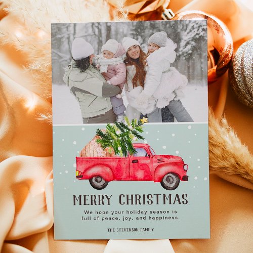 Vintage retro red truck Christmas tree blue photo Holiday Card