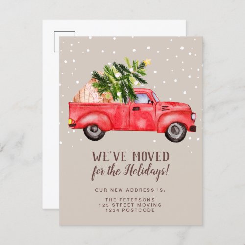 Vintage retro red truck Christmas tree moving Announcement Postcard