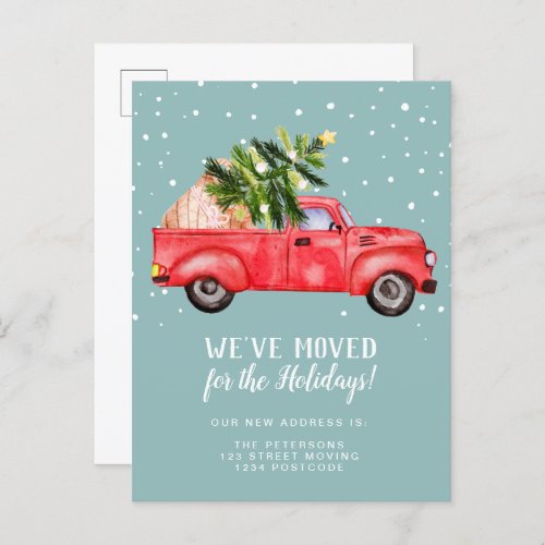 Vintage retro red truck Christmas tree moving  Announcement Postcard
