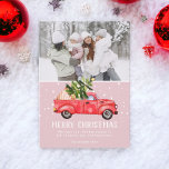 Vintage retro red truck Christmas tree pink photo Holiday Card<br><div class="desc">Merry Christmas! Vintage retro red truck watercolor illustration and green Christmas tree with white snow on dark pink,  add 1 photo. Perfect winter and holidays card.</div>
