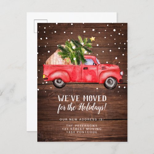 Vintage retro red truck Christmas tree wood moving Announcement Postcard