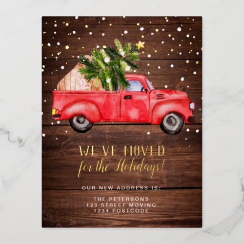 Vintage retro red truck Christmas tree wood moving Foil Holiday Postcard