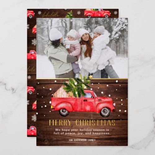 Vintage retro red truck Christmas tree wood photo Foil Holiday Card