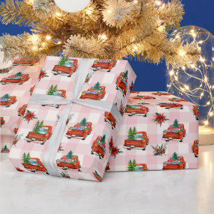 Vintage Retro Red Trucks with Christmas Gifts Pink Wrapping Paper