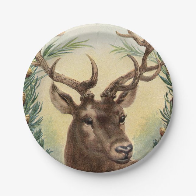 Vintage Retro Reindeer Deer Christmas Paper Plates (Front)