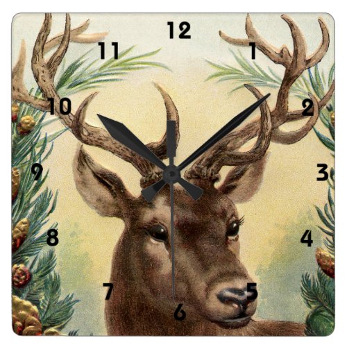 Vintage Retro Reindeer Deer Christmas Square Wall Clock