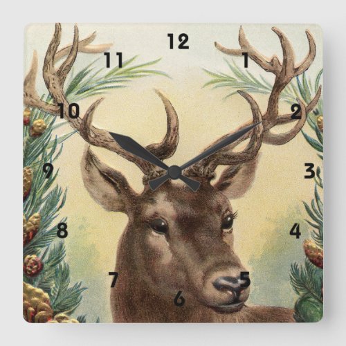 Vintage Retro Reindeer Deer Christmas Square Wall Clock