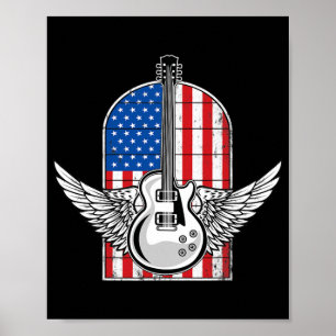 Vintage Retro Rock American Flag Guitar Player Poster