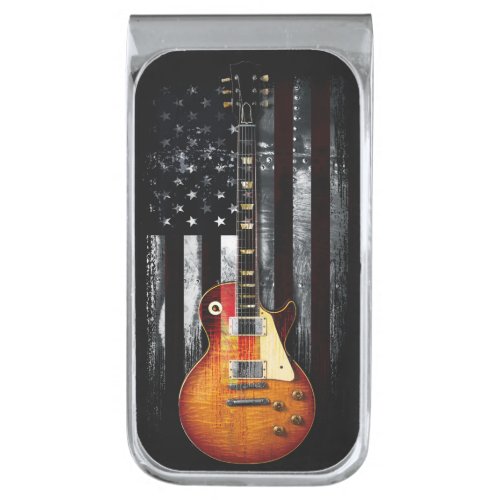 Vintage Retro Rock American Flag Guitar Silver Finish Money Clip