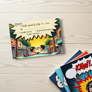Vintage Retro Romantic Couple Comic Book Wedding RSVP Card
