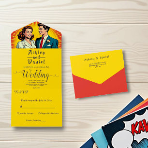Vintage Retro Romantic Couple Comic Style Wedding All In One Invitation