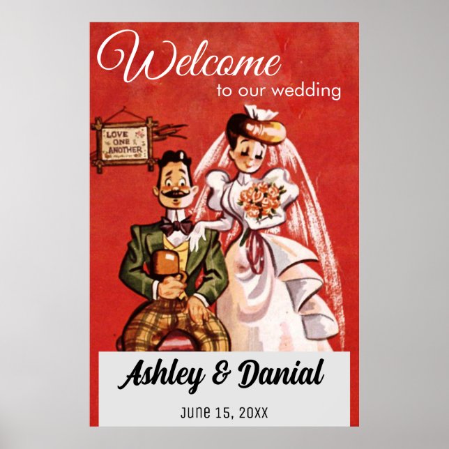 Vintage Retro Romantic Just Married Couple Wedding Poster (Front)