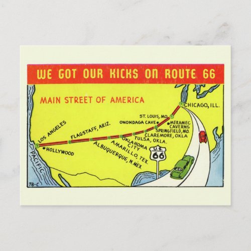 Vintage Retro Route 66 Map Postcard