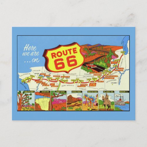 Vintage Retro Route 66 Map Postcard