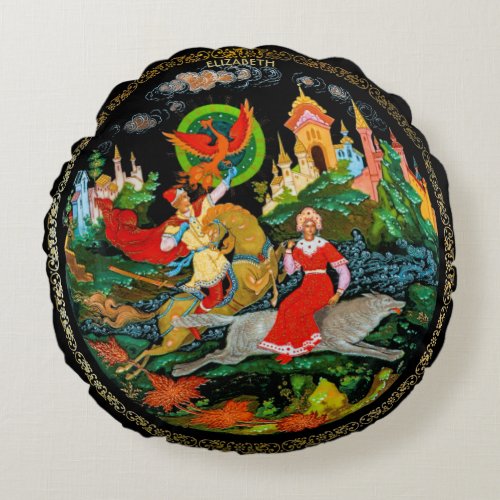 Vintage Retro Russian Fairy Tale Fantasy Colorful Round Pillow