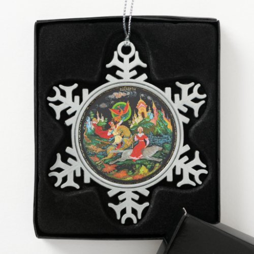 Vintage Retro Russian Fairy Tale Fantasy Colorful Snowflake Pewter Christmas Ornament