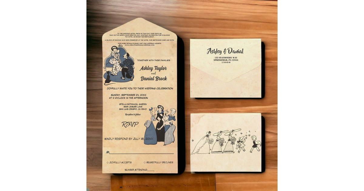 Vintage Retro Rustic Comic Book Romantic Wedding All In One Invitation