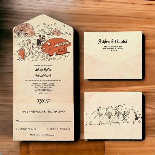Vintage Retro Rustic Couple Comic Themed Wedding All In One Invitation