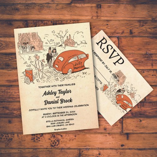 Vintage Retro Rustic Couple Comic Themed Wedding Invitation