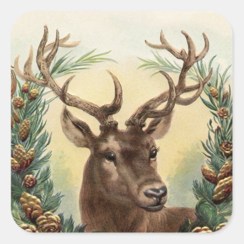 Vintage Retro Rustic Holiday Deer Buck  Square Sticker