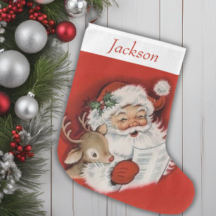 Vintage Retro Santa And Reindeer Personalized Large Christmas Stocking